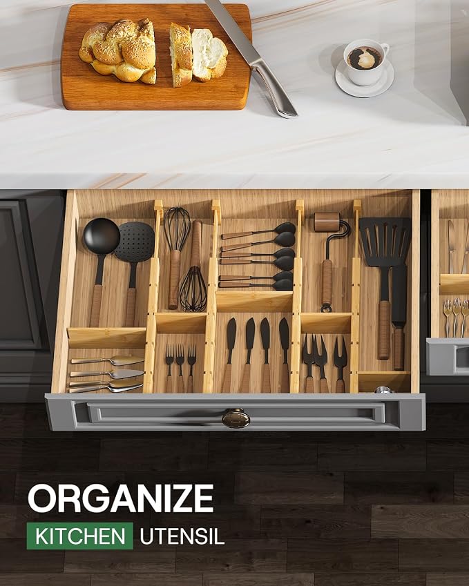 kiplant Kitchen Drawer Dividers - Adjustable Drawer Organizer for Clothes, Kitchen, Closet & Office - 8 Pack with Inserts, 13.8-18.8 Inches, Non-Slip Silicone Ends - Image 8