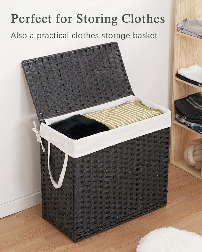 SETVSON Laundry Hamper with Lid Laundry Basket 132 L (35 Gal) Wicker Clothes Hamper, Handwoven Rattan Hamper with Handles and 4 Removable Liner Bags, 6 Mesh Bags for Laundry Bedroom Black - Image 4