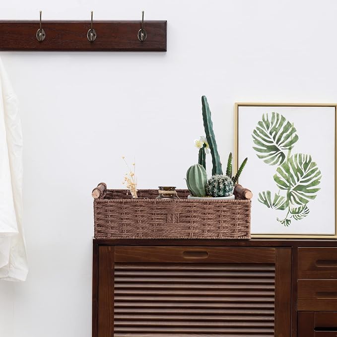 Round Paper Rope Storage Basket Wicker for Organizing with Handle, Decorative Bins Countertop Toilet Paper for Tank Top Small Set, Brown - Image 6