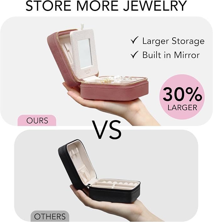 BLUTETE Travel Jewelry Box Organizer Velvet Travel Case With Mirror Ring Earrings Necklaces Storage Organizer Box (Dusty Pink) - Image 3