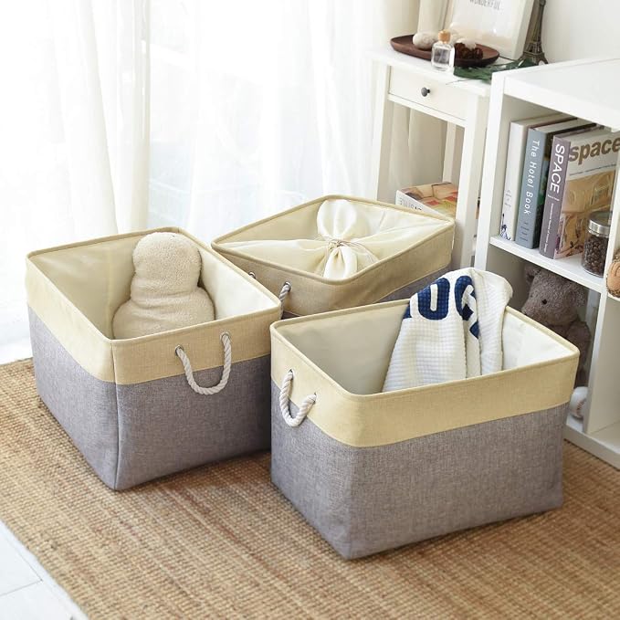 TheWarmHome Storage Baskets for Organizing, Extra Large-3Pack, 17.7L×13.8W×9.8H inch Large Sturdy Storage Bins, Decorative Storage Baskets for Shelves Closet Nursery (Gold&Grey) - Image 7
