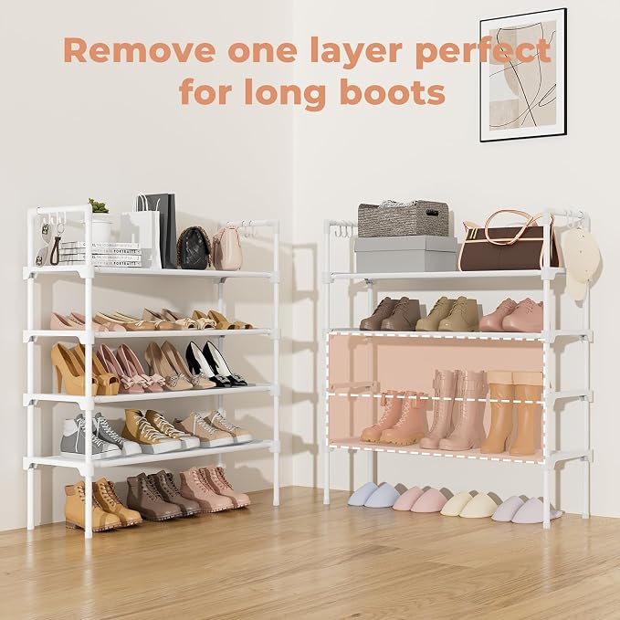 LANTEFUL 4 Tier Shoe Rack for Closet Shoe Organizer with 5 Hooks, Long Shoe Shelf Storage for Shoe and Boot Stackable Free Standing Shoe Rack for Entryway, Garage, Small Spaces, Dorm, White - Image 5