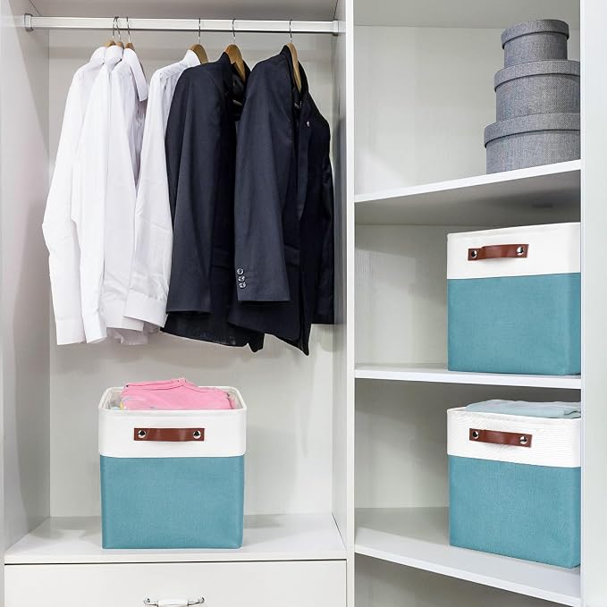 Bagnizer Collapsible Fabric Storage Cubes 11x11 Cube Storage Bins, 4 Pack Closet Baskets Box with Handles for Organizing, Shelf, Toys, Clothes, Home, Office, Nursery (Teal&White) - Image 2