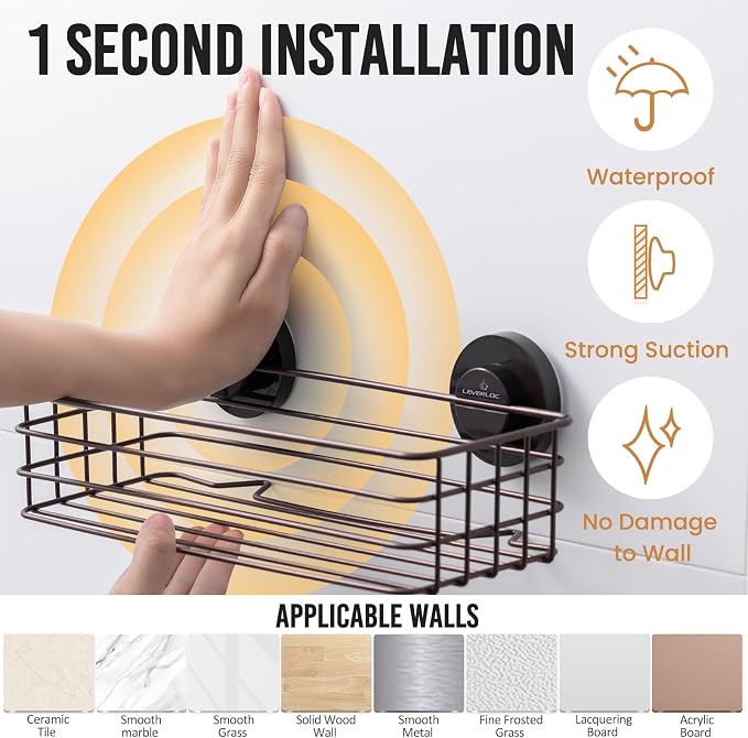 LEVERLOC Shower Caddy Suction Cup, 2 Pack Shelves for Inside with Hooks and Soap Organizer, NO-Drilling Bathroom Holder, Rustproof Meatl Bathroom Basket, Brown - Image 3