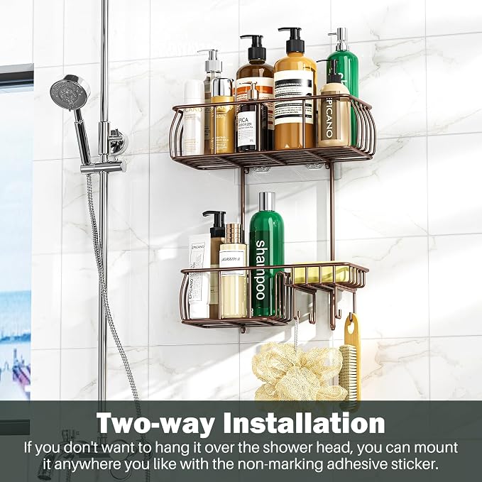 Epicano Shower Caddy Hanging, Anti-Swing Over Head Shower Caddy Rustproof with hooks for Towels, Sponge and more, Bronze - Image 5