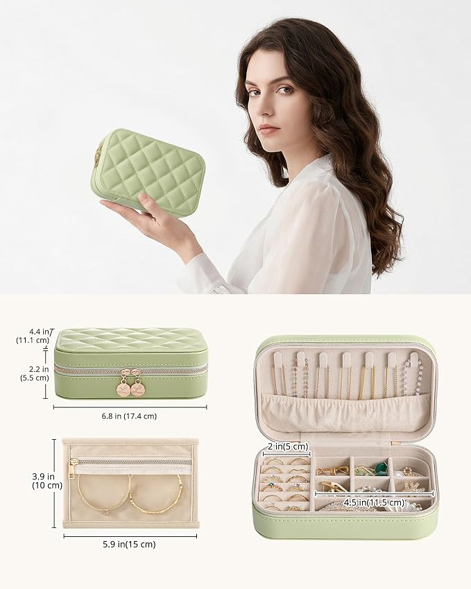 Lolalet Travel Jewelry Case for Women Girls, PU Leather Jewelry Organizer with Clear Storage Bag Small Portable Jewelry Box for Necklace Bracelet Earring Ring Mothers Day Birthday Gifts -Medium/Green - Image 5
