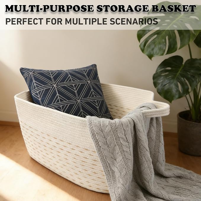 96L Large Blanket Basket,24"x16"x15"Rectangle Storage Bin with Handles,Woven Rope Laundry Basket for Toys, Clothes,Magazines,Home Organization,Nursery,Living Room & Bedroom,White&Yellow - Image 6