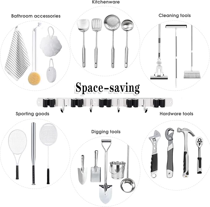2 Pack Mop and Broom Holder Wall Mount, 5 Racks and 4 Hooks Broom Organizer Storage Tool Racks Stainless Steel Heavy Duty Hooks Self Adhesive Solid Non-slip for Home Kitchen Garden Laundry Garage - Image 4