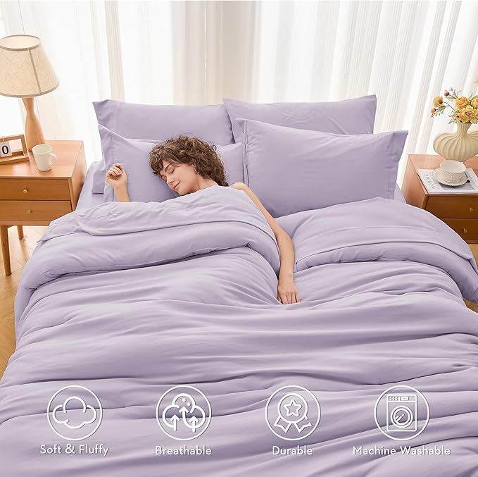 MUXHOMO 7 Pieces Full Comforter Set, Soft Bed in a Bag Full Size, All Season Bedding Set with Comforter, Flat Sheet, Fitted Sheet, Pillowcases & Shams, Lavender