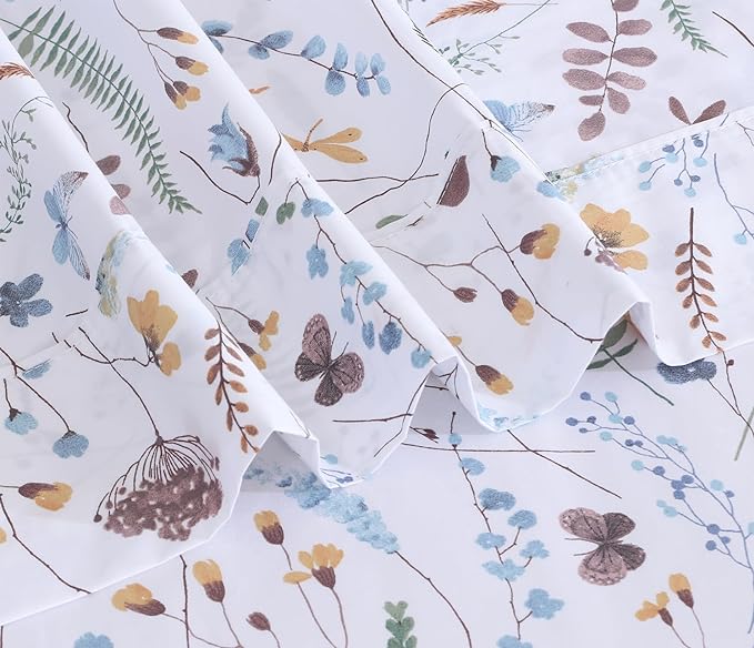 RUVANTI 100% Cotton Sheets – King Size Percale Bedding, Cooling & Breathable Floral Design, Durable with a Crisp, Soft & Comfortable Feel, 16" Deep Pocket, 4-Piece Set, Fern Class