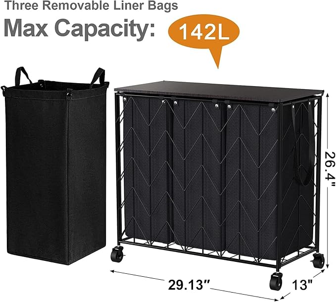 WOWLIVE Laundry Basket with Wheels, 142L Hamper 3 Section with Lid, Dirty Clothes Hamper with Removable Bags, Large Capacity Iron-Made Organizer Laundry Sorter for Dorm, Black - Image 4
