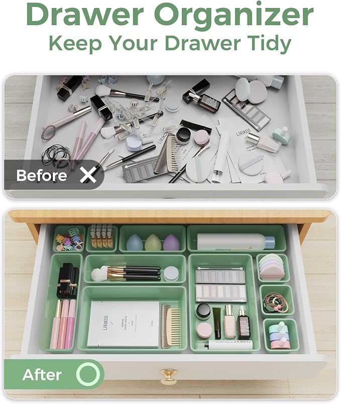 BiuLeon 25 PCS Plastic Drawer Organizers Set, 4-Sizes Vanity and Makeup Organizer, Desk and bathroom Drawer Organizer Trays, Organizers and Storage for Makeup, Jewelry, Gadgets, Utensils (Green) - Image 4