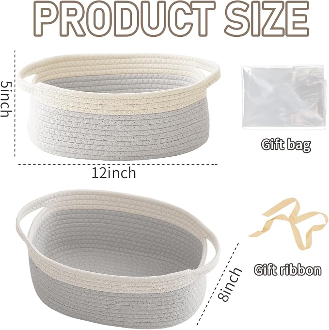 JMvicyroam Woven Basket,Small Rope Storage Bin with Handles & Ribbon Bag, Organizer for Shelves Closets,Gift Basket Empty for Birthday,Books,Dog Toys, White&Grey - Image 2