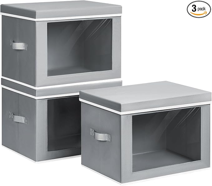 Homsorout Storage Bins with Lids, 3 Pack Large Storage Cubes with Window, Closet Bins with Lids & Handles, Fabric Box for Organizing Clothes, Towels, Books, Grey by Homsorout