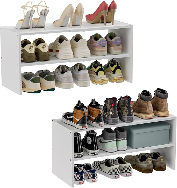 2 Pack White Shoe Rack for Closet, 2-Tier Expandable Small Shoe Shelf, Stackable Iron Wood Combination Shoe Organizer Racks Shelves for Closets, Entryway, Hallway, Garage, Holds 12-24 Pairs by Cidaziya
