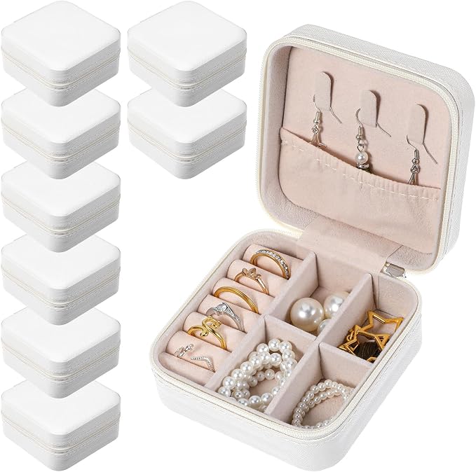 Kifmurase 8PCS Travel Jewelry Case, Small Portable Bridesmaid Jewelry Gift Box, PU Leather Jewelrys Case Organizer Storage for Rings Earrings Necklaces, Women Girls Bridesmaid Proposal Gifts(Beige) by Unknown