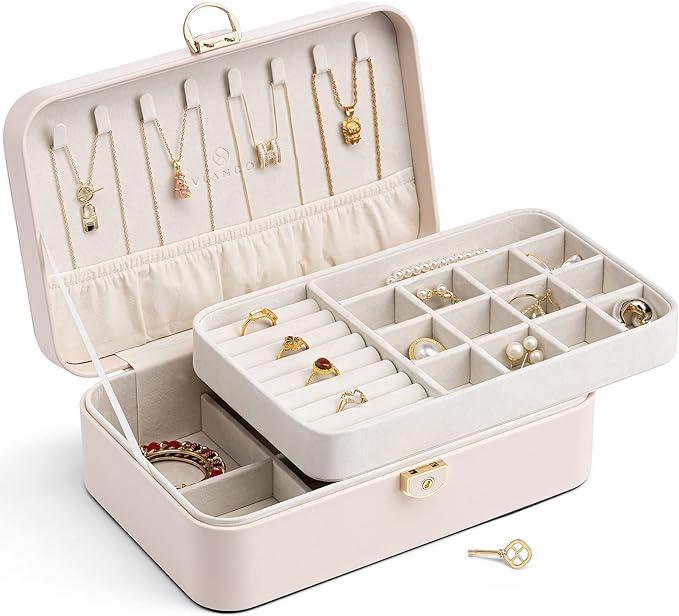 Vlando 2-Layer Jewelry Box,Valentines Day Gifts for Her Jewelry Organizer for Women Removable Jewelry Tray for Earrings Necklace,Gift Ideas,Birthday Graduation Gifts Apricot Pink by VLANDO