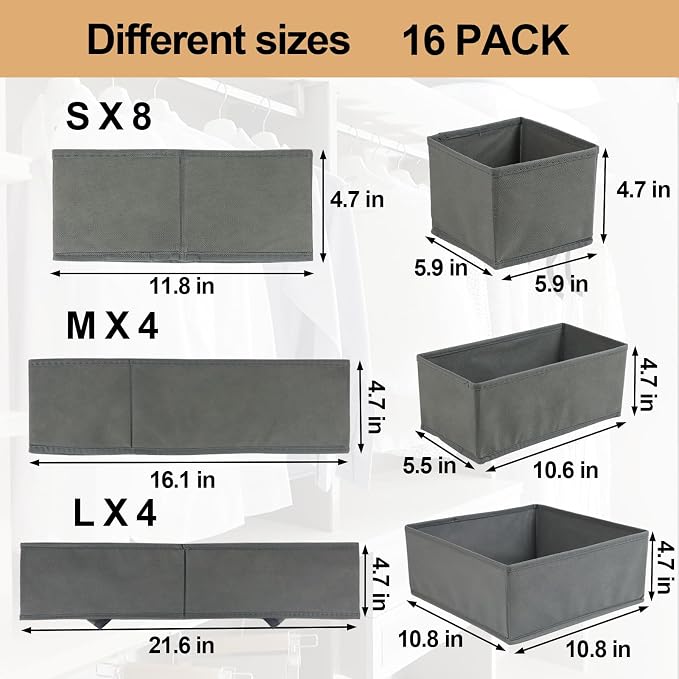 Fordonral 16 Pack Drawer Organizer Clothes, Foldable Fabric Dresser Organizer Closet Organizers and Storage Box for Underwear,Folded Clothes,Baby Clothing,Socks,Bra,Towels,Ties(Gray) - Image 2