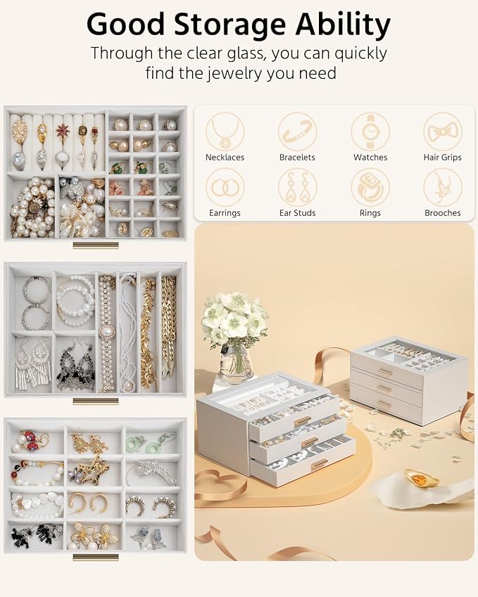AKOZLIN Jewelry Box with Clear Lid Functional Leather Jewelry Storage Organizer Case 3 Drawers for Women Girls Necklace Ring Bracelet Earring - Image 3