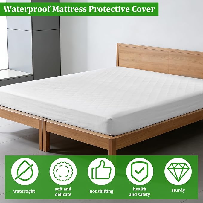 Waterproof Mattress Protector, Quilted Queen Size Mattress Cover Pad Fiber Layer Absorbent Extra Deep 30cm Fitted Skirt Breathable Washable Mattress Topper for Home and Hotel Use 150x200cm