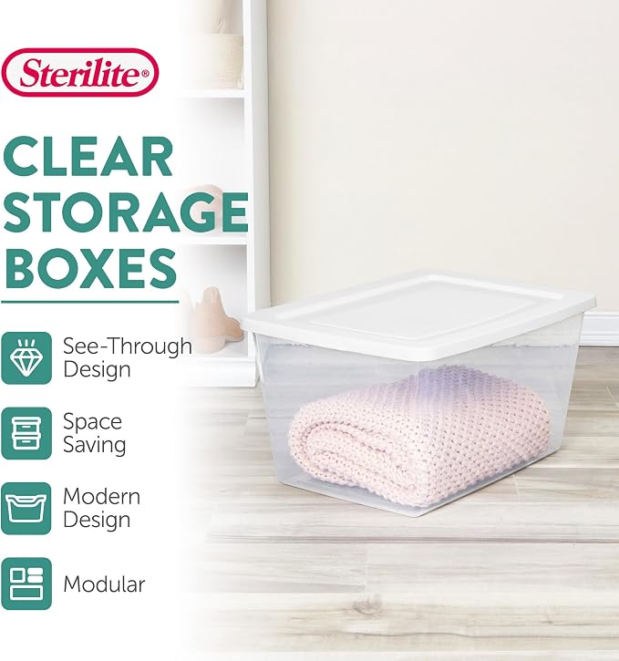Sterilite 16 Pack Storage Box, 58 Quart Stackable Tote, Clear Plastic Container with Secure Snapping Lids for Home and Office Organization, White - Image 2