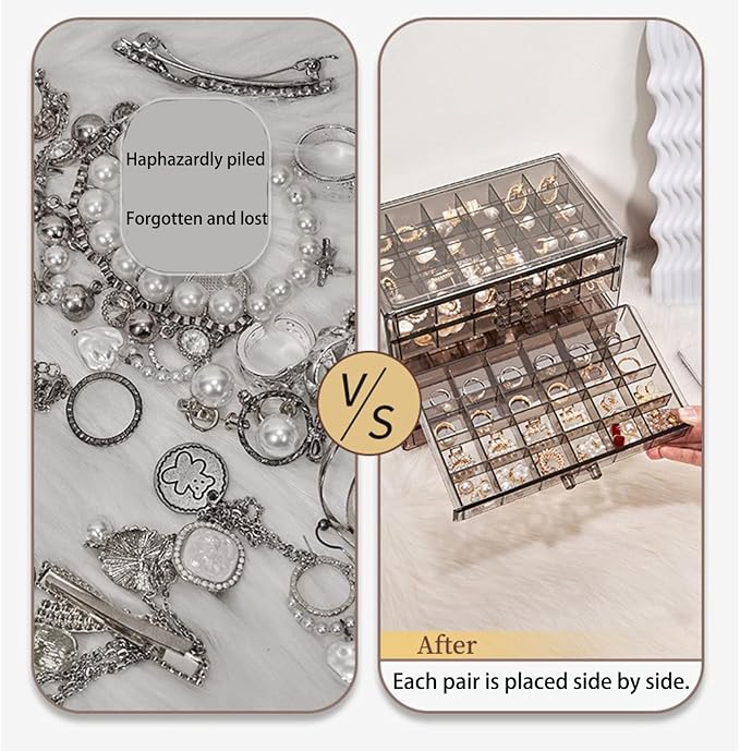 Earring Storage Box Organizer 3 Drawers Acrylic Jewelry Storage Box Holder Transparent Jewelry Display Stand with 72 Cells Gift for Women Girls - Image 2