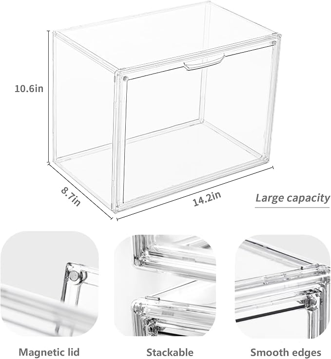 Clear Stackable Plastic Storage Bins with Magnetic Attraction Lid, Acrylic Box Display Case Showcase for Cosmetic, Large Figures Collectibles (4 Pack, X-Large) - Image 2