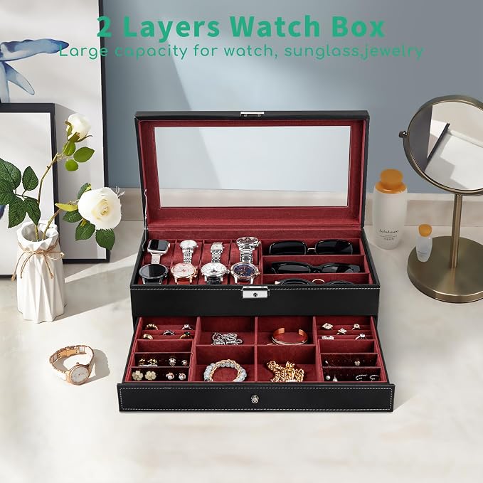 TomCare Watch Box 2-Tier Watch Case Jewelry Organizer Box with Thick Glass Lid Lockable Watch Organizer Jewelry Display Holder Sunglass Rings Necklaces Bracelets Storage Organizer for Men Women - Image 3