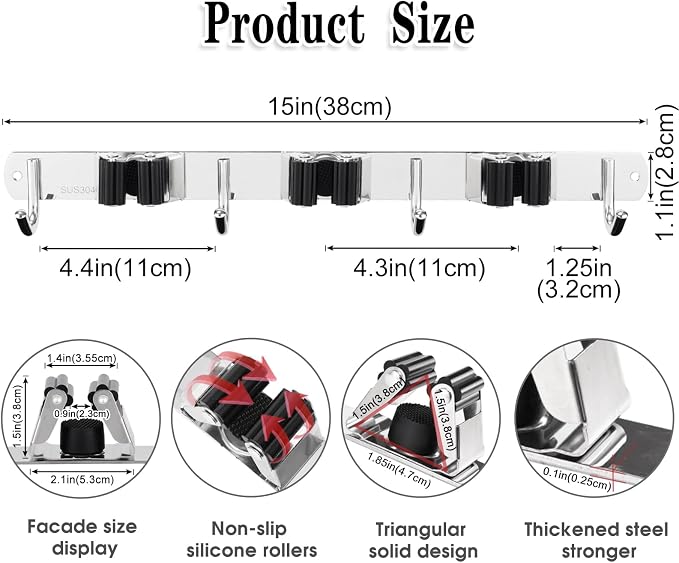 3 Racks and 4 Hooks Broom and Mop Holder Wall Mounted Garage Organizer Storage Tool Racks Stainless Steel Heavy Duty Hooks Self Adhesive Solid Non-slip Wall Hangers for Home Kitchen Garden Laundry - Image 3