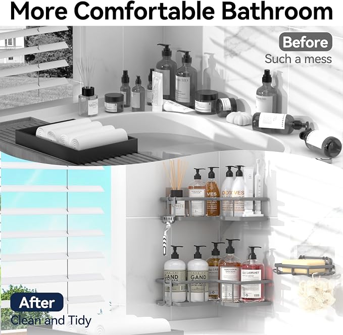 YASONIC Shower Caddy Corner, 3-Pack Adhesive Rustproof Stainless Steel Shower Shelves with Soap Holder, No Drilling Shower Organizer Corner for Dorm, Renters Bathroom, Grey - Image 7