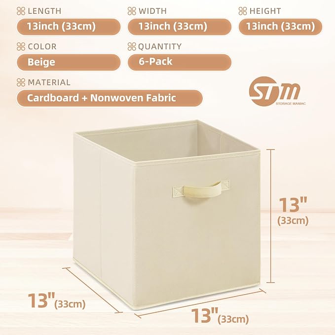 STORAGE MANIAC Storage Cubes, 13 Inch Collapsible Storage Bins with Handles, 6 Pack Fabric Foldable Bins for Organization, Durable Storage Bins for Closet, Shelves, Offices, Toys, 6-Pack Beige - Image 4
