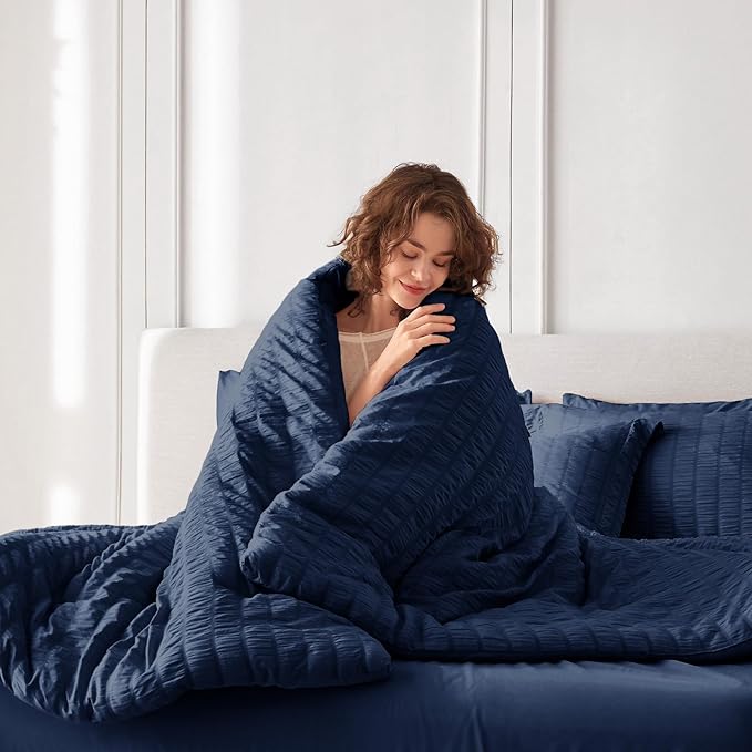 MUXHOMO 7 Pieces Full Comforter Set, Seersucker Bed in a Bag Full Size, All Season Luxury Bedding Set with Comforter, Flat Sheet, Fitted Sheet, Pillowcases & Shams, Navy Blue