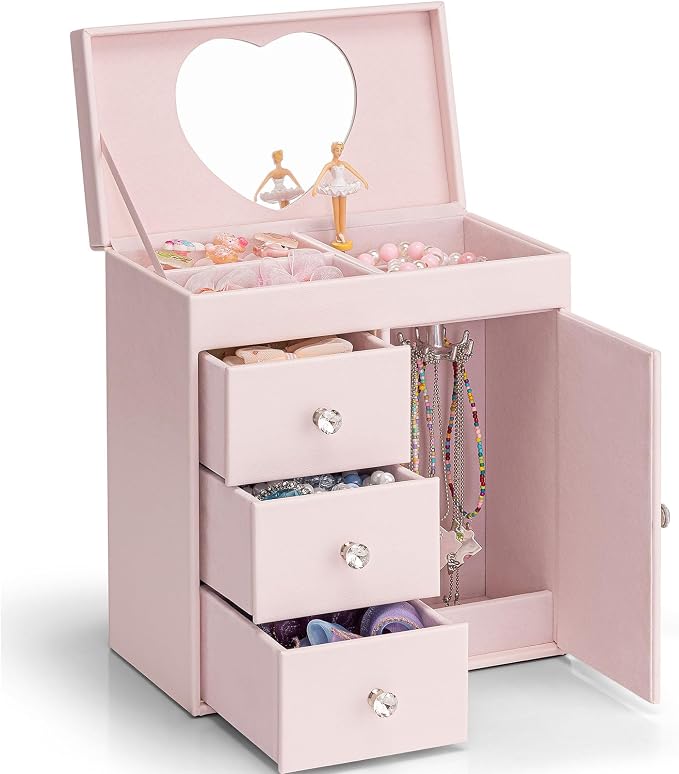 Vlando Musical Jewelry Box for Girls - Valentines Day Gift for Kid - Large Kid Music Box with Ballerina for Birthday Bedroom Decor, 4 Layer Girl Jewelry Gifts for Girls Kids - Light Pink by VLANDO