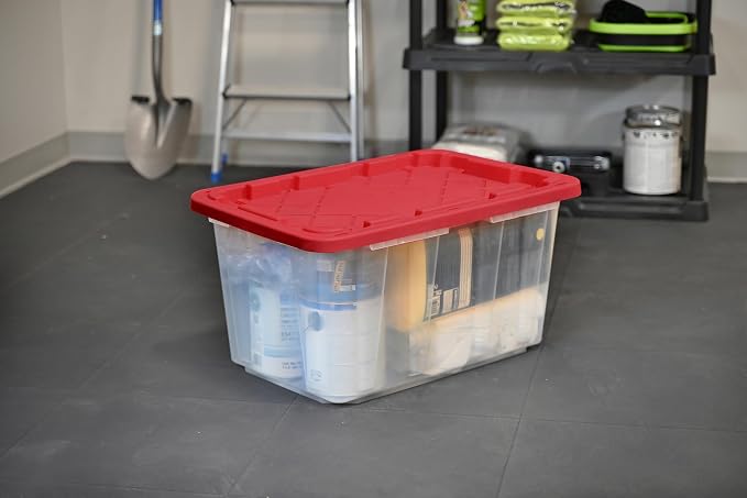 CX BLACK & YELLOW, XTRA TALL 27-Gallon Heavy Duty Clear Storage Container & Snap-Tight Lid, Clear & Red (28.5L x 19.4W x 15.2H), Weather-Resistant, Stackable, See-Through Organization Tote - Image 5
