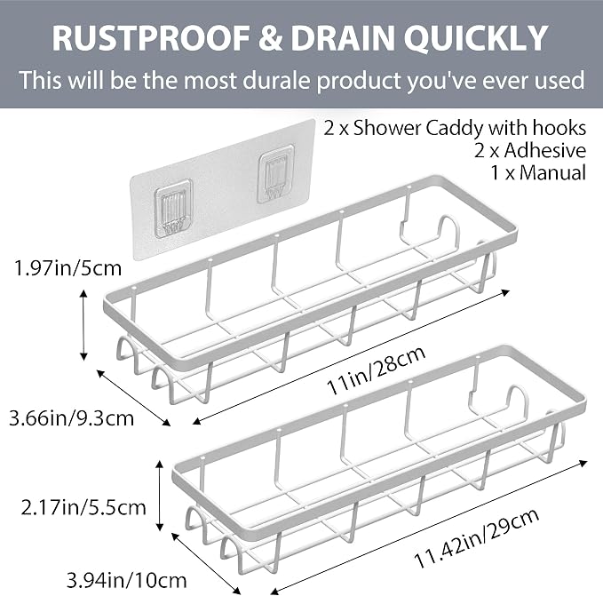 Shower Caddy Organizer with Hooks,Self Adhesive Bathroom Shelves,No Drilling Bathroom Organizers and Storage,Perfect for RV, Apartment, Home Decor,2 Pack White - Image 3
