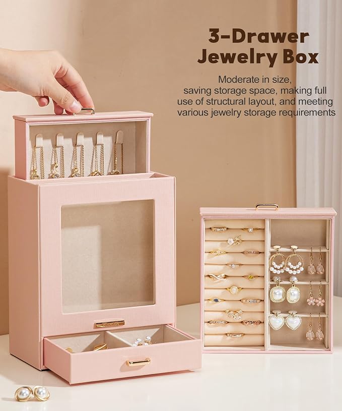 Homde Jewelry Organizer Girls Women Jewelry Box for Necklaces Rings Earrings Gift Bracelets Storage Case (Peach Pink + Gold) - Image 9