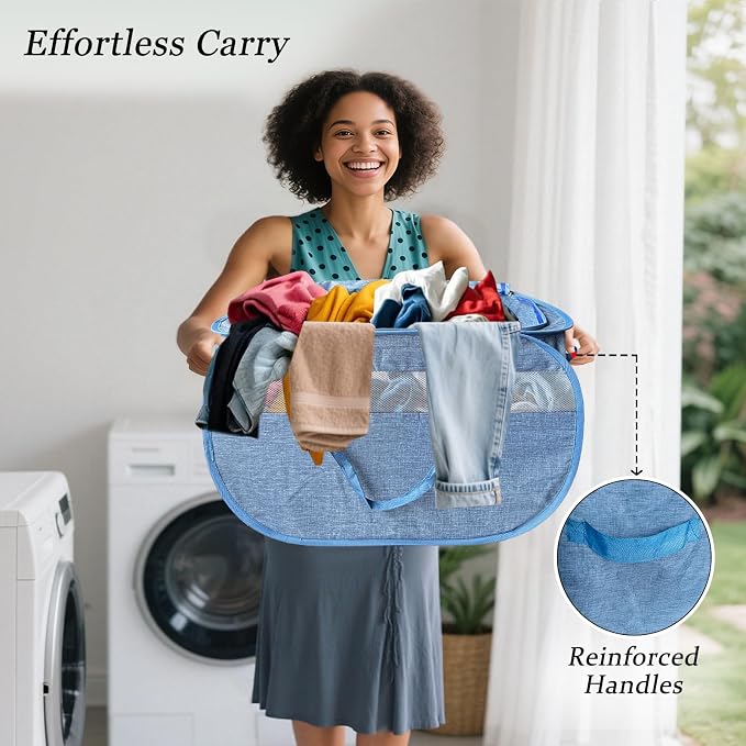 Upgraded 100L Extra Large Mesh Pop Up Laundry Hamper with Lid and Handles. XL Closet Storage Bins, Dirty Clothes Basket for Dorm Home, Foldable Laundry Basket. Blue. H - Image 6