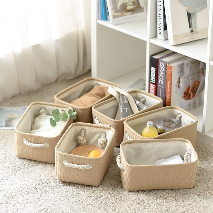 TheWarmHome Storage Basket for Organizing - Small 6 Pack 11.8x7.8x5.2 inch Fabric Storage Cubes with Cotton Rope Handle, Collapsible Storage Bins Baby Storage Toy Nursery (Beige) - Image 5