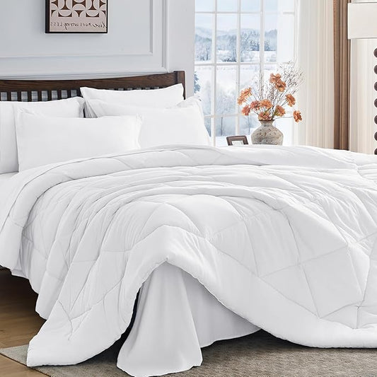 HEVUMYI King Comforter Set - 7-Piece All Season Bed in a Bag King, Ultra Soft Bedding Set with Comforter, Flat Sheet, Fitted Sheet, Pillowcases, Pillow Shams, White