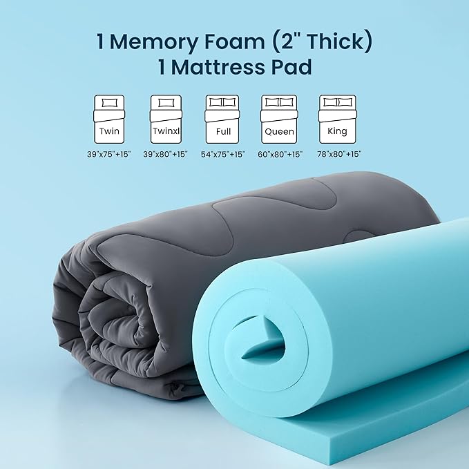SLEEP ZONE Memory Foam Mattress Topper Full, 2 Inch Gel-Infused Cooling Foam, Waterproof Mattress Protector, CertiPUR-US & Oeko-Tex Certified, for Side, Back & Stomach Sleepers