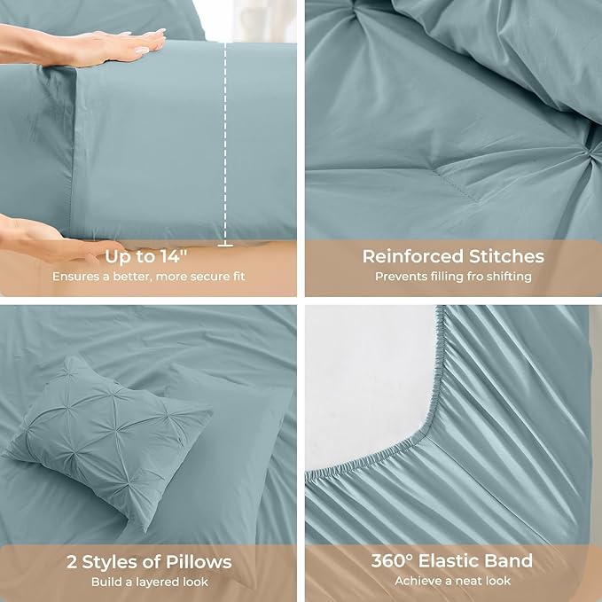 Sasttie Twin Comforter Set, 5-Piece Bed in a Bag, Pintuck Bedding Sets for All Season, Includes Comforter, Flat Sheet, Fitted Sheet, Pillowcase and Pillowsham, Greylish Blue