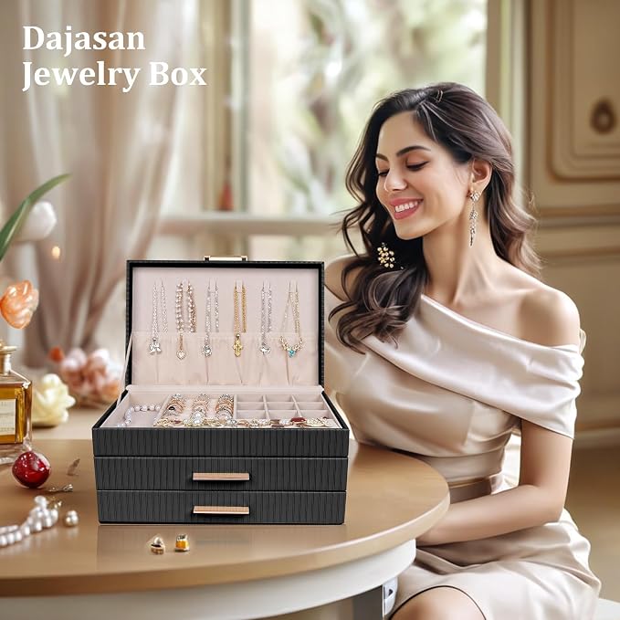 Dajasan Jewelry Box Organizer, 3-Tier Jewelry Storage with 2 Drawers, Large Jewelry Boxes for Women, PU Leather Surface with Texture, Gift Idea, Modern Style, 10.71 x 7 x 5.6 Inches (Black) - Image 6