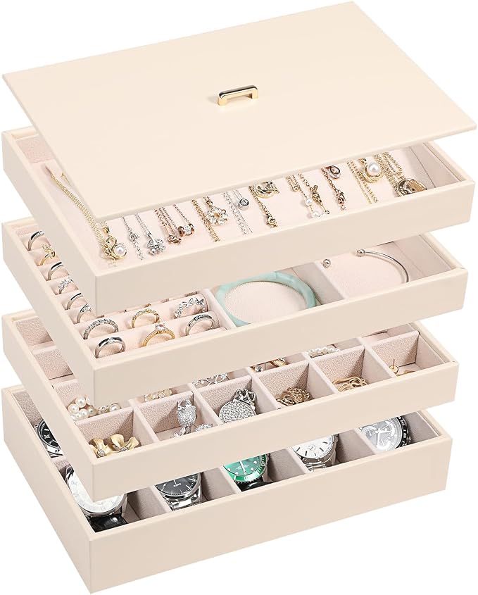 Voova Stackable Jewelry Organizer Tray with Lid, PU Leather Jewelry Storage Holder for Drawer Inserts, Jewellery Display Box Case for Earring Necklace Ring Watch Bracelet (Set of 4, Apricot) by Voova