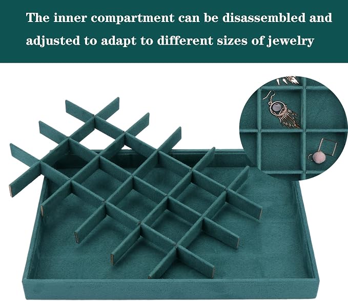 Large Velvet Jewelry Tray, Drawer Organizer for Jewelry in Dresser, Stackable Jewelry Drawer Organizer Inserts for Earring Necklace Bracelet Rings(Green,24grid) - Image 3