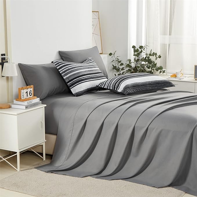KAKIJUMN 7 Piece Bed in a Bag Stripe Comforter Set King Size, White Grey Black Patchwork Striped Comforter and Sheet Set, All Season Soft Microfiber Complete Bedding Sets(Grey,King)