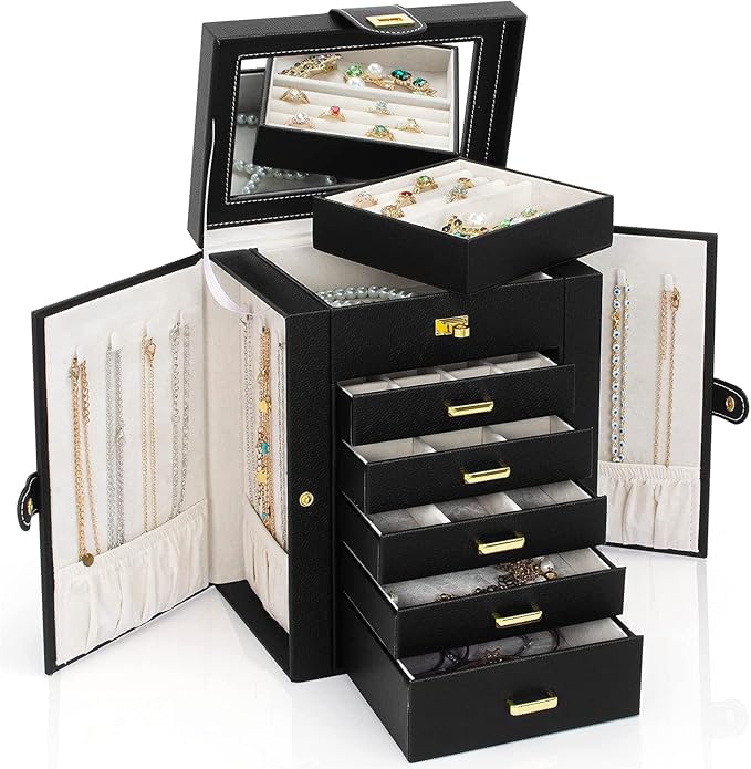 AKOZLIN Jewelry Box Organizer Functional Leather Jewelry Storage Case for Women Girls Ring Necklace Earring Bracelet Holder Organizer with Mirror Black - Image 8