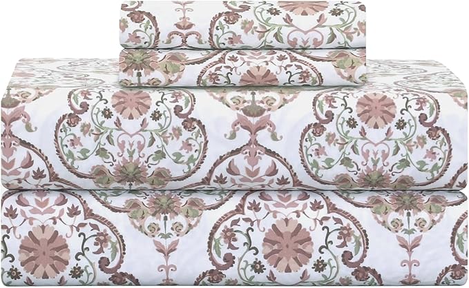 Feather & Stitch Printed 500 TC Twin Size 3pc Damask Bed Sheet Set, 100% Soft Cotton Breathable Bedsheets, 18" Deep Pockets Sateen Weave Striped Bedding Mattress Resort Hotel Luxury - Floral Bloom