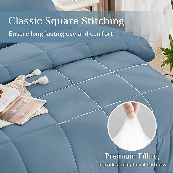 JOLLYVOGUE Full Comforter Set, Ultra-Soft Bed in a Bag Full Size 7 Pieces, Oeko-TEX Certified Bedding Set with Down Alternative Comforter, Sheets, Pillowcases & Shams, Dusty Blue