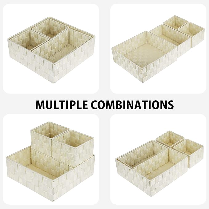 Posprica Woven Storage Baskets for Organizing, Small Black Baskets Cube Bin Container Tote Organizer Divider for Drawer, Closet, Shelf, Dresser, Set of 4(Beige) - Image 2