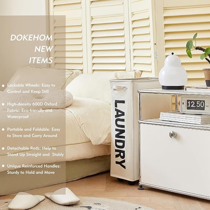 DOKEHOM 25-Inches Slim Laundry Basket on Wheels, Collapsible Rolling Laundry Hamper, Foldable Narrow Corner Clothes Storage Bins (Beige) - Image 2